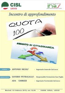 Reddito e pensione di cittadinanza e Quota 100  Cisl Lecce e Inas 12 febbraio incontro di approfondimento in Cassa Edile
