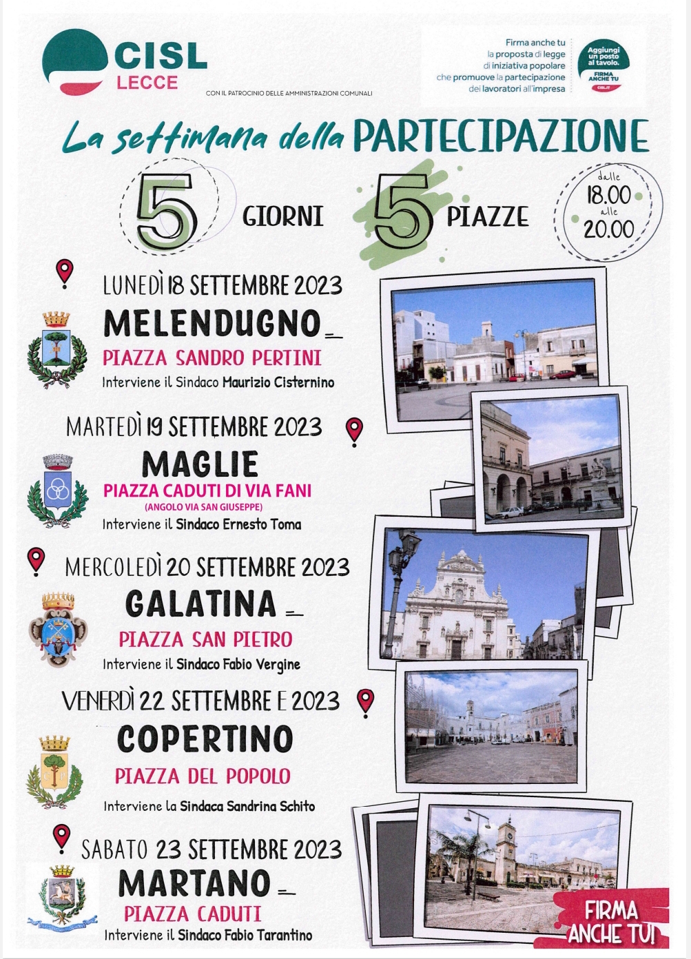 La settimana della Partecipazione, 5 giorni in 5 piazze: Comunicato stampa di presentazione dell’iniziativa della Cisl di Lecce