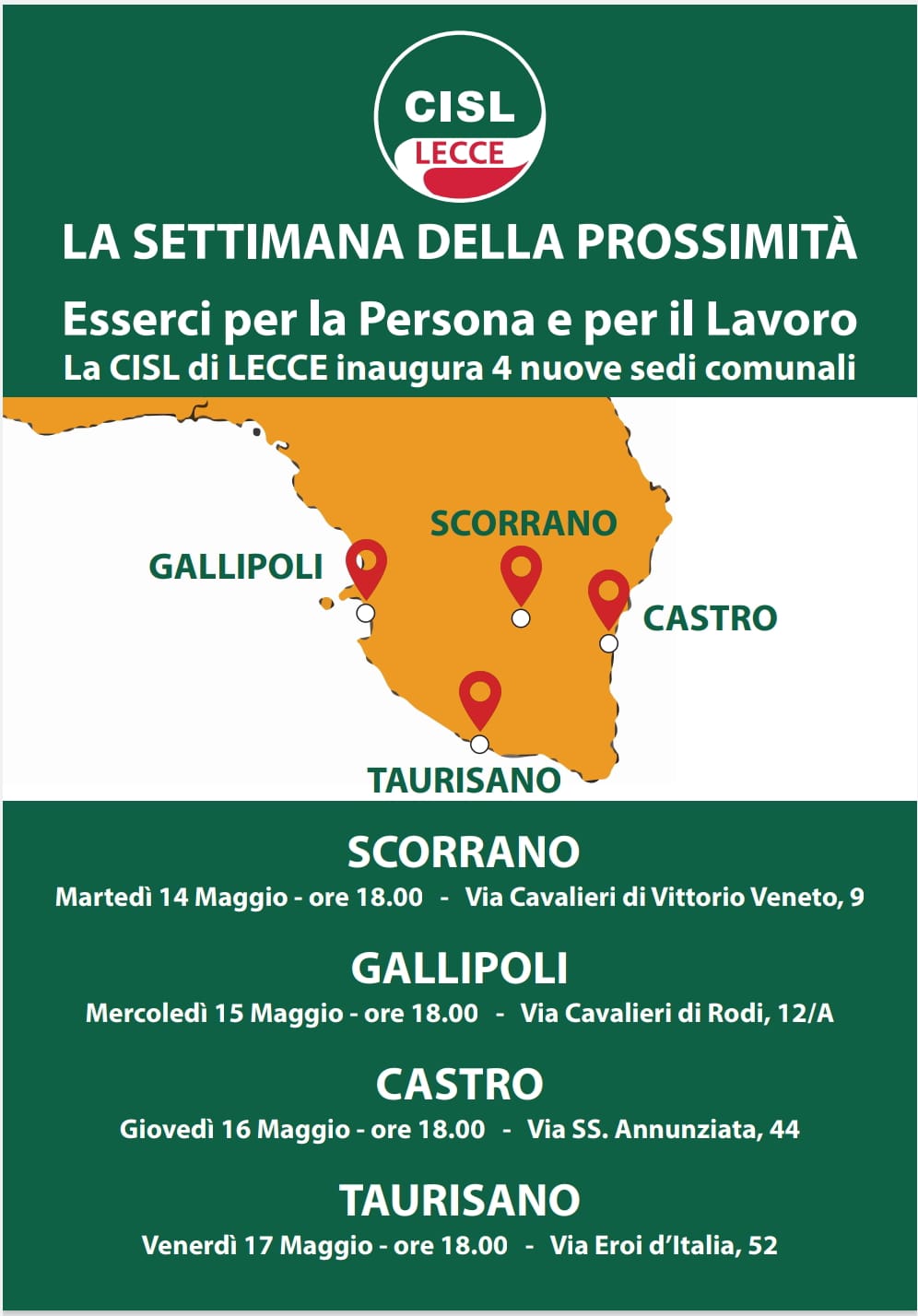 la Settimana della Prossimità: La Cisl di Lecce inaugura 4 nuove sedi comunali
