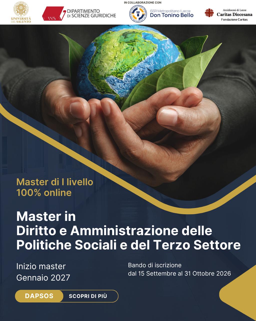 Master di I livello in “Diritto e Amministrazione delle politiche sociali e del Terzo settore (Dapsos)”